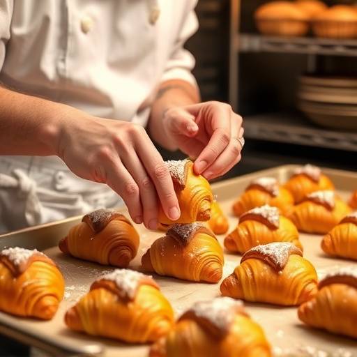 A baker carefully placing croissants on a baking sheet, preparing them for the oven at The Daily Grind's bakery.