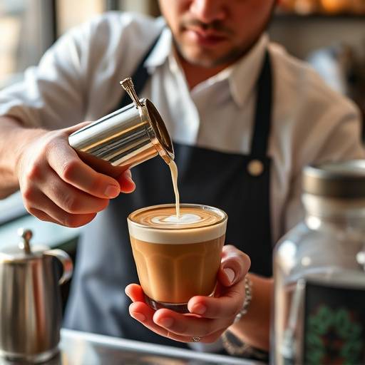 A barista skillfully pouring steamed milk into an espresso shot, creating a beautiful latte swirl at The Daily Grind.