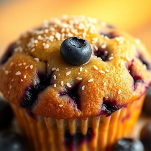 A blueberry muffin with a golden brown, sprinkled top.