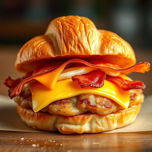 A breakfast sandwich on a croissant with egg, cheese, and bacon.