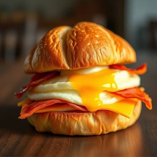 A breakfast sandwich with egg, cheese, and bacon on a croissant