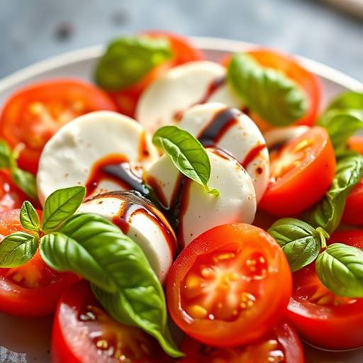 A Caprese salad with fresh mozzarella, tomatoes, and basil, drizzled with balsamic glaze.