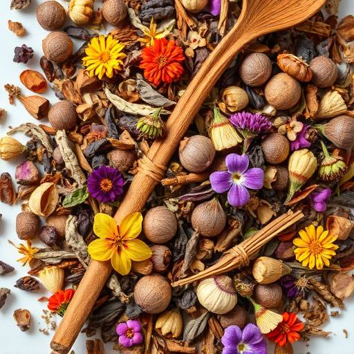 A colorful herbal tea blend with dried flowers and herbs.