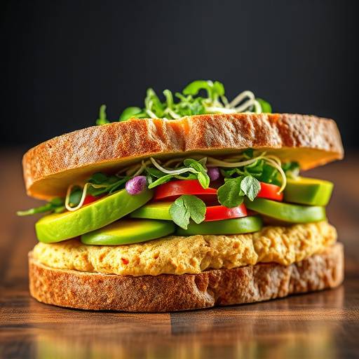A colorful veggie sandwich with hummus, avocado, sprouts, and various vegetables.