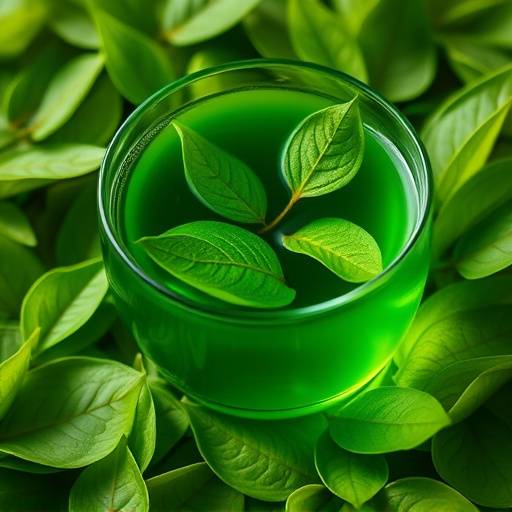 A cup of vibrant green tea with visible tea leaves.