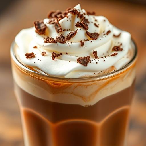 A decadent mocha topped with whipped cream and chocolate shavings.