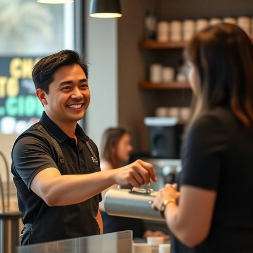 A friendly barista smiling and serving coffee to a customer at the counter of The Daily Grind.