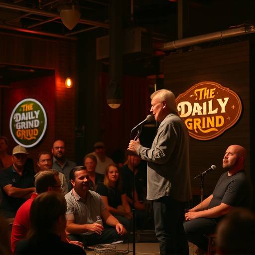 A live music performance during open mic night at The Daily Grind, with a singer on stage and an engaged audience.