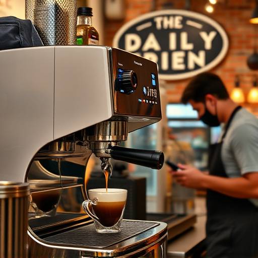 A professional espresso machine at The Daily Grind, with a barista preparing a coffee drink.