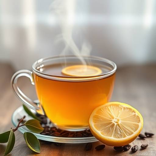 A steaming cup of Earl Grey tea with a slice of lemon.