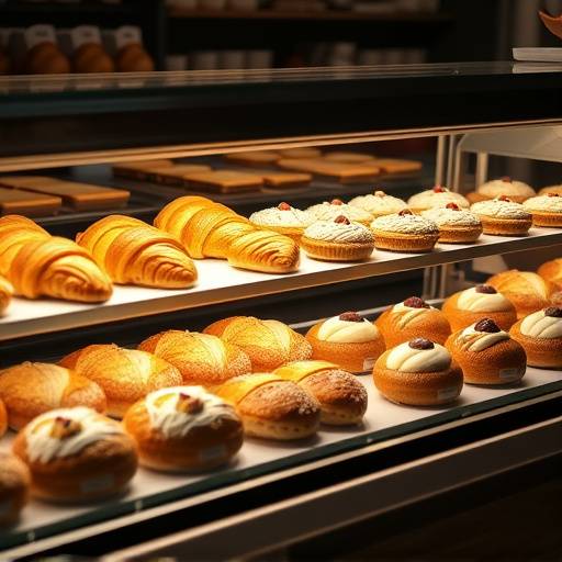 A vibrant display case showcasing an assortment of freshly baked pastries at The Daily Grind, including croissants, muffins, and scones.