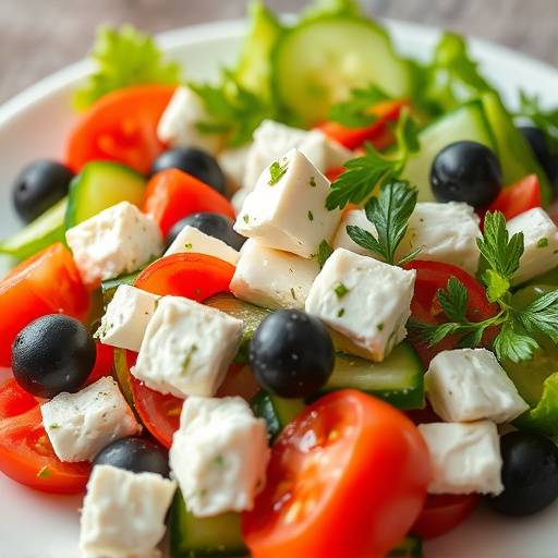 A vibrant Greek salad with feta cheese, olives, tomatoes, and cucumber.