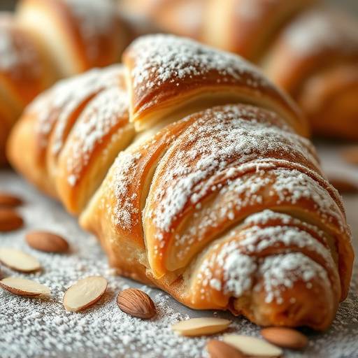 An almond croissant with sliced almonds and powdered sugar.