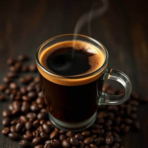 An Americano coffee, showing a dark coffee topped with a light crema.