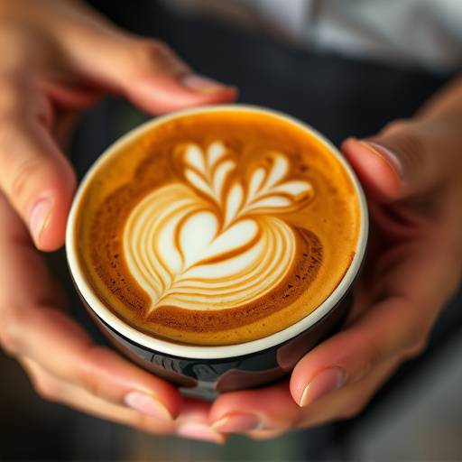 Close-up of a barista creating intricate latte art in a cup of espresso at The Daily Grind.