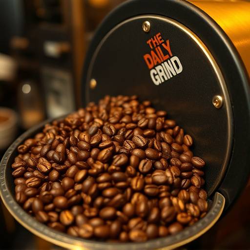 Coffee beans being roasted in a small batch roaster at The Daily Grind, showcasing the in-house roasting process.