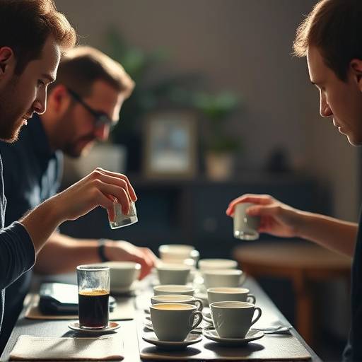 Coffee cupping session at The Daily Grind, with people tasting and evaluating different coffee beans.