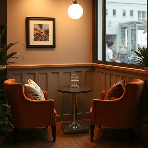Cozy corner seating area in The Daily Grind with comfortable chairs and a small table, bathed in warm light.