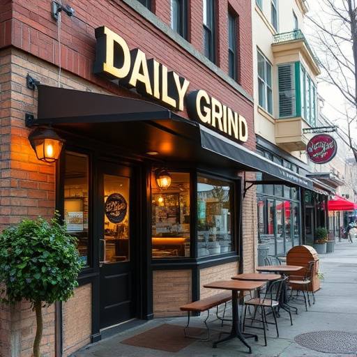 Exterior view of The Daily Grind cafe building in Seattle, showcasing its welcoming entrance and sidewalk seating.