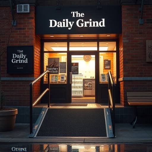 The wheelchair-accessible ramp at the entrance of The Daily Grind, showcasing our commitment to inclusivity.