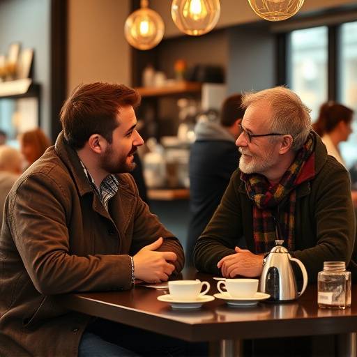Two customers casually chatting and enjoying coffee at a table in The Daily Grind, creating a warm and social atmosphere.